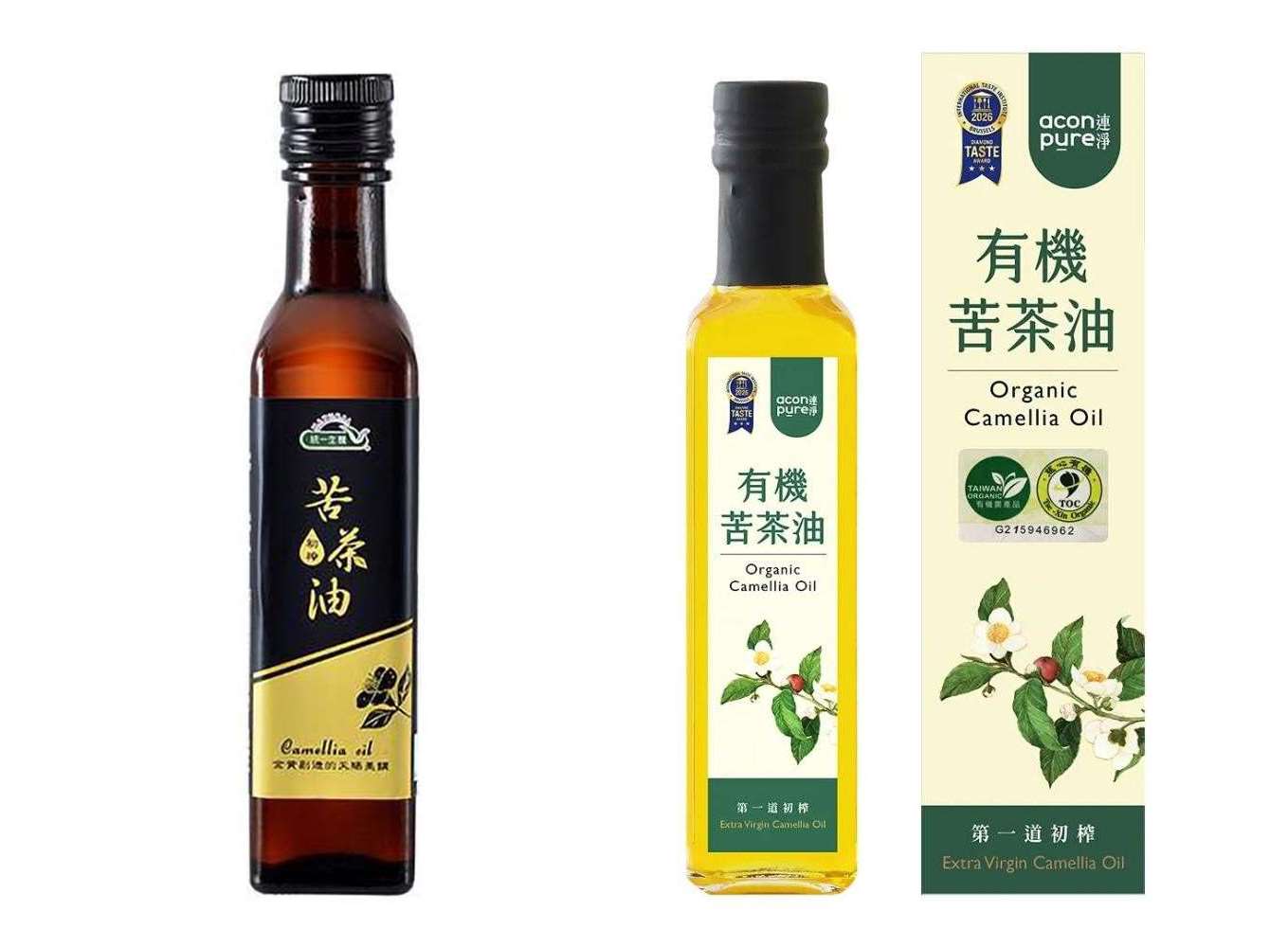 「統一生機初榨苦茶油250 mL」、「連淨有機苦茶油250 mL」驗出苯駢芘超標。(新北市衛生局提供)