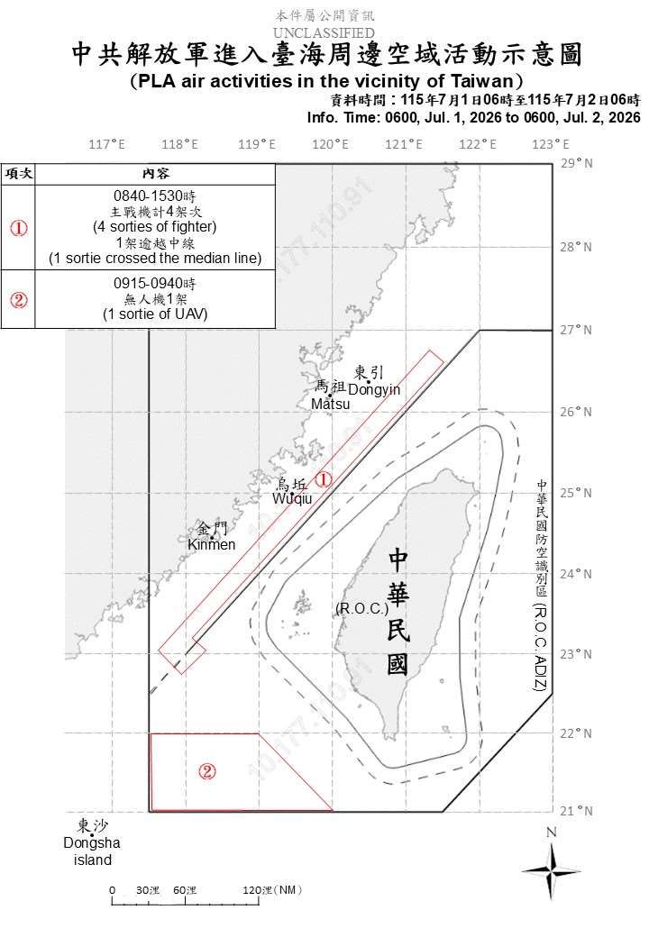 國防部2日上午公布共機艦動態，統計自1日上午6時起至2日上午6時，偵獲6艘共艦、5艘公務船及5架次共機。(圖:國防部)