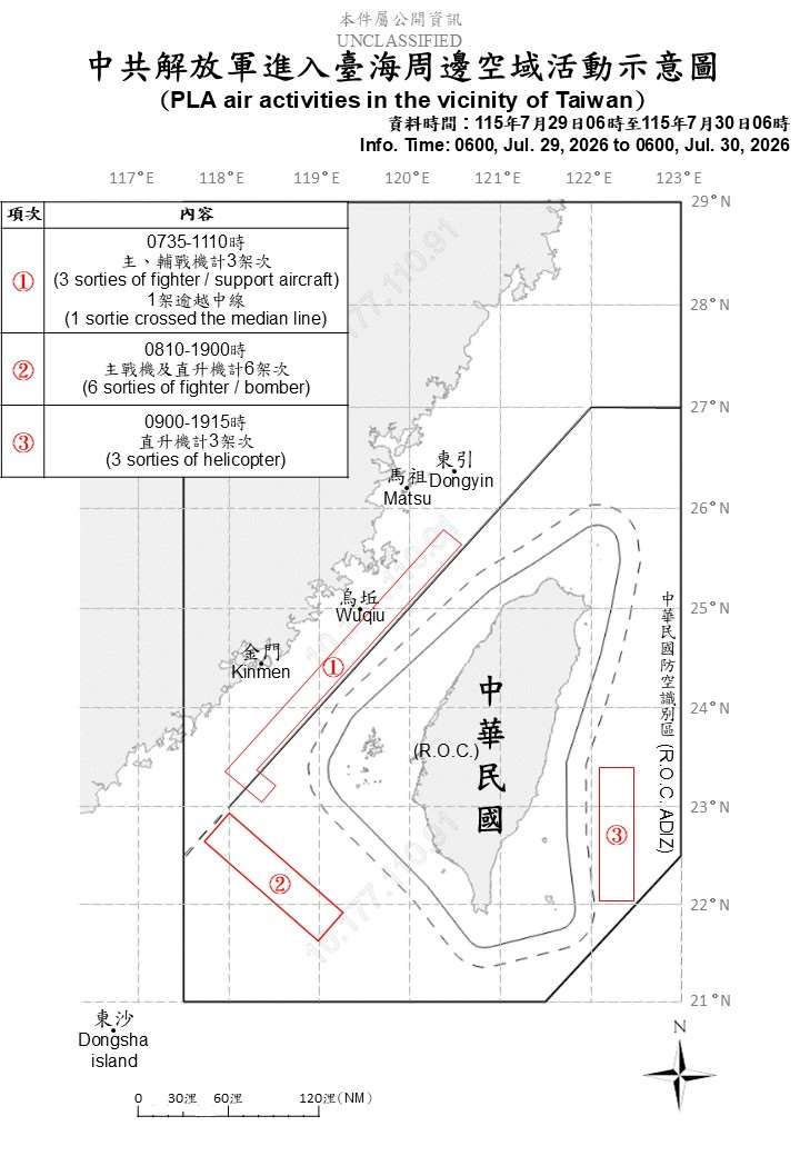 國防部30日上午公布共機艦動態，統計自29日上午6時起至30日上午6時止，偵獲7艘共艦、1艘公務船及12架次共機。 (圖:國防部)