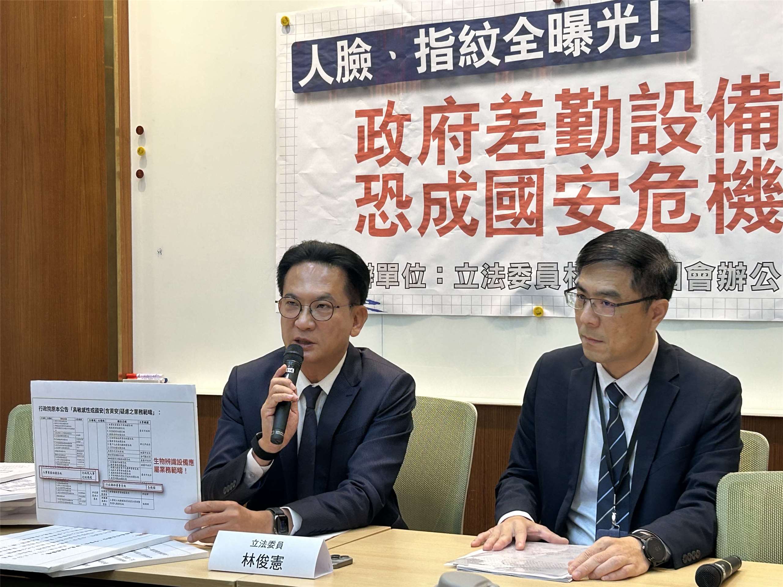 民進黨立委林俊憲(左)15日揭露內政部警政署、財政部關務署、內政部海巡署及台灣中油公司等機關，採購作為差勤管理的人臉、指紋等生物辨識設備，疑似暴露於資安風險。資安署綜合規劃處組長李東宜(右)表示，研議把涉及個資蒐集的設備列為敏感性採購。（趙婉淳 攝）
