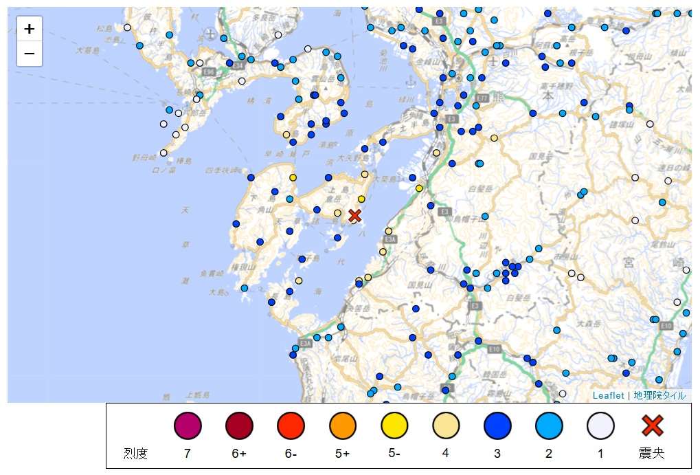 日本當地時間晚間10時19分(台北時間9時19分)左右，熊本縣天草、蘆北地區發生規模5.8地震，震源深度僅10公里，最大震度5弱。(圖：日本氣象廳)