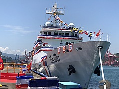 海巡署21日在台灣國際造船股份有限公司基隆廠，舉行第5艘1000噸級CG1007澎湖艦（圖）交船，與第6艘CG1008基隆艦命名下水典禮。