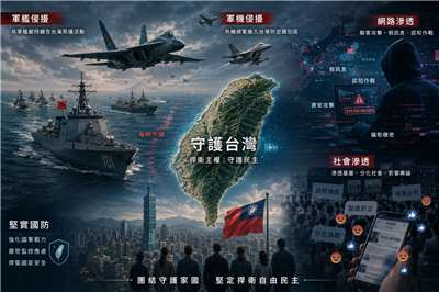 國安學者認為，中共透過軍事恫嚇，輔以對臺統戰、認知作戰、組織滲透、經濟利誘與法律恫嚇所形成的無形戰線，並以長臂管轄製造寒蟬效應，其目的在削弱國家認同、民主信念與防衛意志。圖片由AI生成