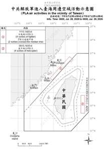 國防部發布統計自昨天(28日)上午6時起至今天上午6時止，中共在台海周邊活動情況。(國防部提供)