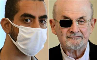 兇手馬塔（Hadi Matar，左圖）刺殺《魔鬼詩篇》作者魯西迪（Salman Rushdie，右圖），險些奪走這名英國作家的性命，並造成他單眼失明。資料照。