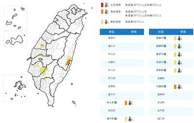 氣象署14日發布高溫資訊，中午前後彰化縣、花蓮縣為橙色燈號，有機會連續出現36度高溫。(圖:交通部中央氣象署)