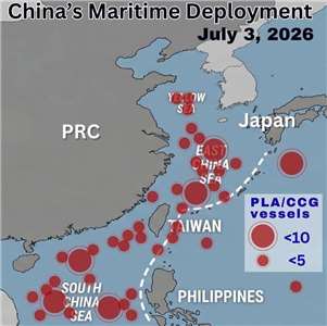 中國於3日正沿著第一島鏈展開大規模的海上動員，圖為中國船艦的分布示意圖。(X@josephwutw)