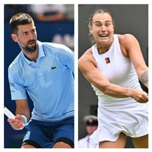 網球巨星喬科維奇（Novak Djokovic）(左 )與球后莎芭蓮卡（Aryna Sabalenka）報名搭擋美網混雙賽事。(合成照∕ AFP)