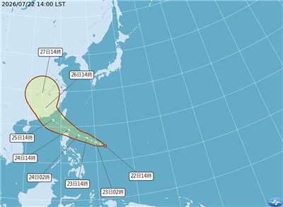 太平洋地區熱帶性低氣壓。圖為22日颱風路徑預測圖。（圖:氣象署官網)