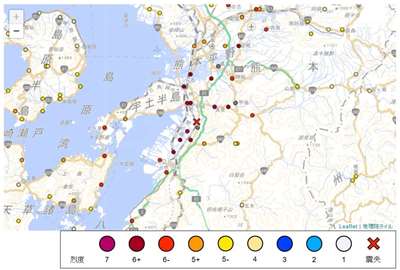 日本熊本縣熊本地方28日下午4時27分（台北時間3時27分）發生規模7.1地震，最大震度7。(圖：日本氣象廳)
