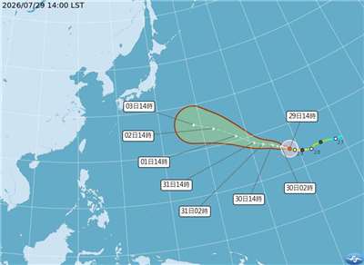 中央氣象署颱風消息，中度颱風白海豚今天下午2時中心位置約在鵝鑾鼻東方5040公里之海面上，持續向西北進行。(圖 : 中央氣象署)