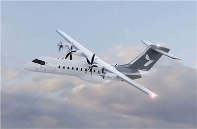 冰島航空布局綠能機隊，已簽署5架油電混合動力客機ES-30採購意向書。圖為哈德航太研發的30人座油電混合客機ES-30示意圖。(圖翻攝哈德航太官網)
