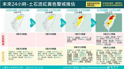 土石流紅黃色警戒推估。(圖：土石流及大規模崩塌防災資訊網)