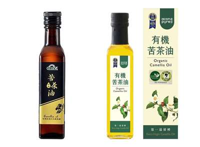 「統一生機初榨苦茶油250 mL」、「連淨有機苦茶油250 mL」驗出苯駢芘超標。(新北市衛生局提供)