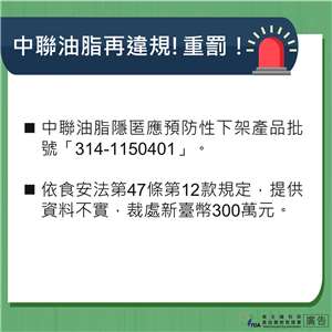中聯隱匿申報油品批號，再遭重罰300萬。(食藥署提供)