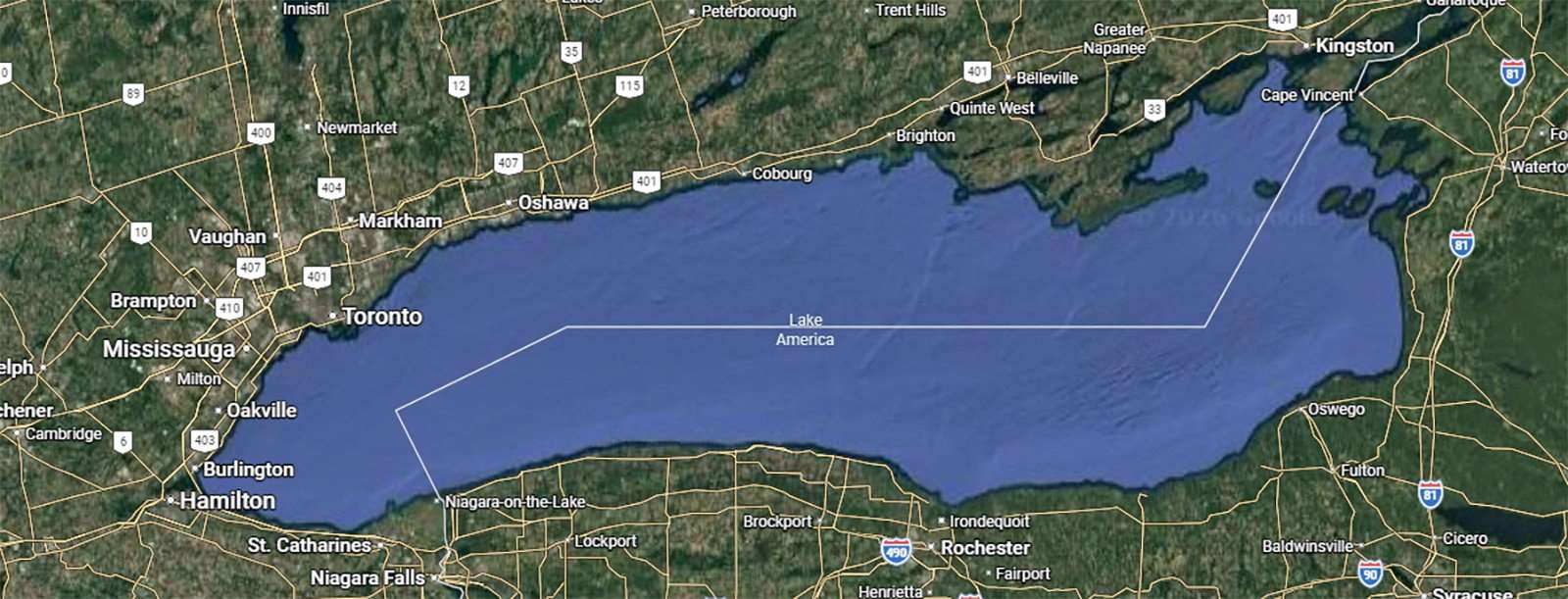 Google地圖已針對美國用戶，將「安大略湖」(Lake Ontario)更名為「美國湖」(Lake America)。