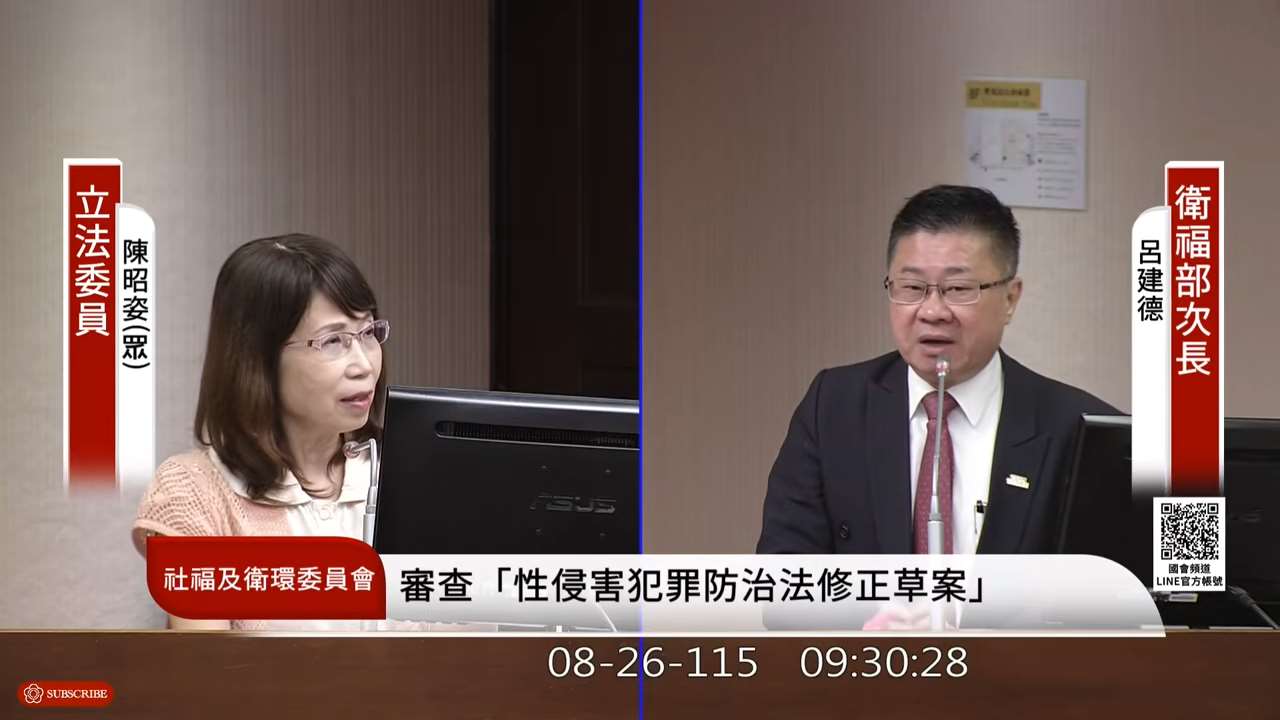 針對民眾黨立委陳昭姿質詢時建議我國應借鏡國際經驗，針對特定性侵犯施行化學去勢，衛福部次長呂建德表示，這涉及國家刑事政策，須多方討論。(圖翻攝國會頻道)