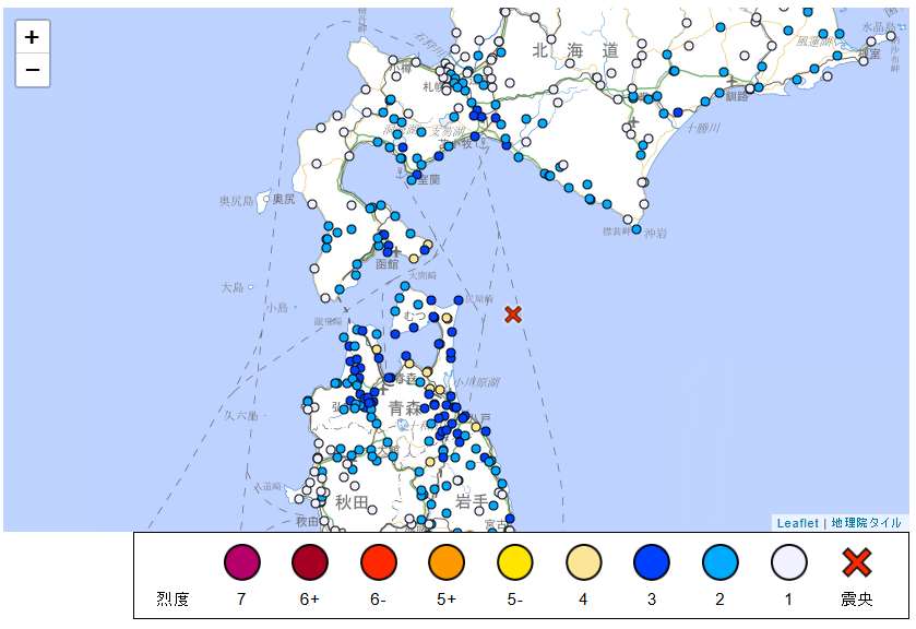 日本青森縣外海台北時間1日上午10時48分，發生規模5.8地震。(翻攝日本氣象廳)