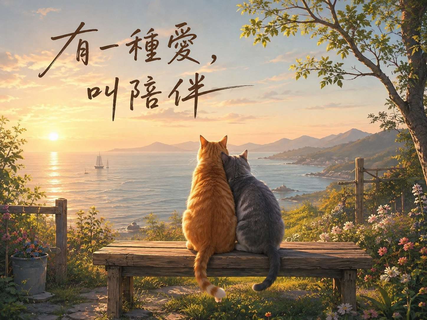 「有一種愛叫陪伴」夕陽、海風與花影之間，最溫柔的風景，就是彼此靜靜相伴。