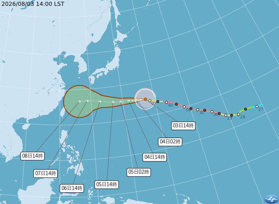 根據中央氣象署颱風消息，中颱白海豚3日下午2時中心位置約在台北東方2590公里之處，以每小時25公里速度，向西進行。中心氣壓950百帕，近中心最大風速每秒40公尺，七級風平均暴風半徑320公里。(圖：中央氣象署)