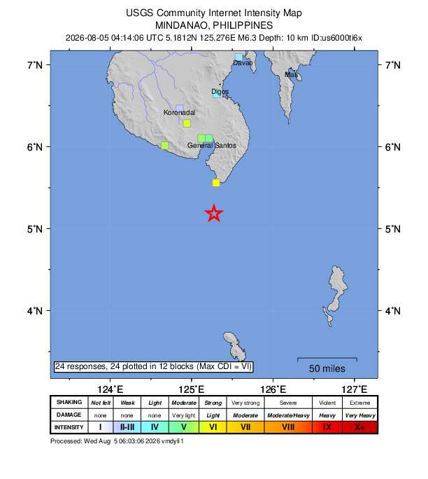 菲律賓南部外海5日發生規模6.3地震，震央在沙蘭加尼島(Sarangani)西南方32公里。(圖：USGS)