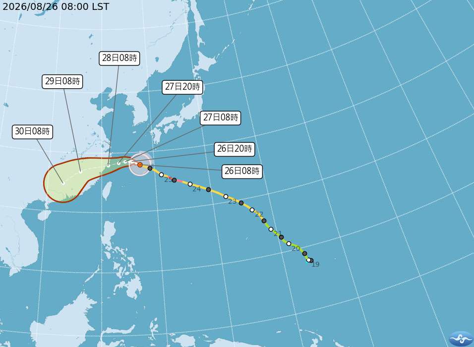 中央氣象署26日表示，颱風沙德爾路徑往北修正並減弱，預計27日清晨發布海警，後續不排除對馬祖發布陸警。(圖：中央氣象署)