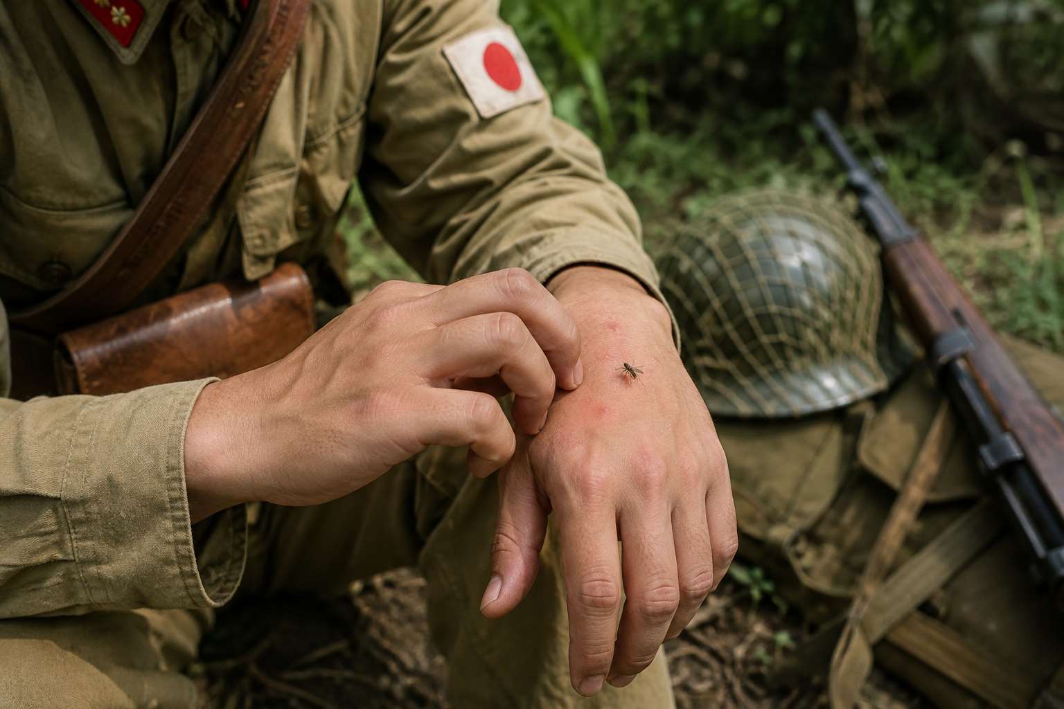 日本共同社披露，中日戰爭期間，研究人員準備一批曾吸食染瘧疾士兵血液的蚊子，再讓這些蚊子叮咬10名患有思覺失調症等精神疾病的士兵，觀察他們是否會發病。示意圖。(AI生成圖)