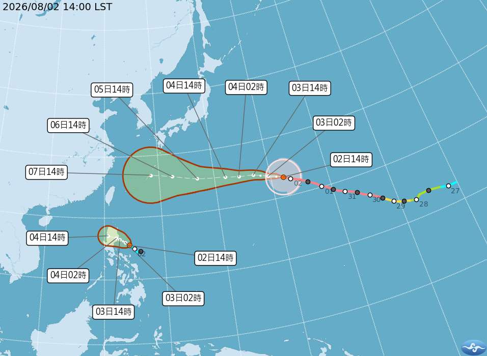 目前太平洋地區有白海豚颱風和一個熱帶性低氣壓。(氣象署提供)