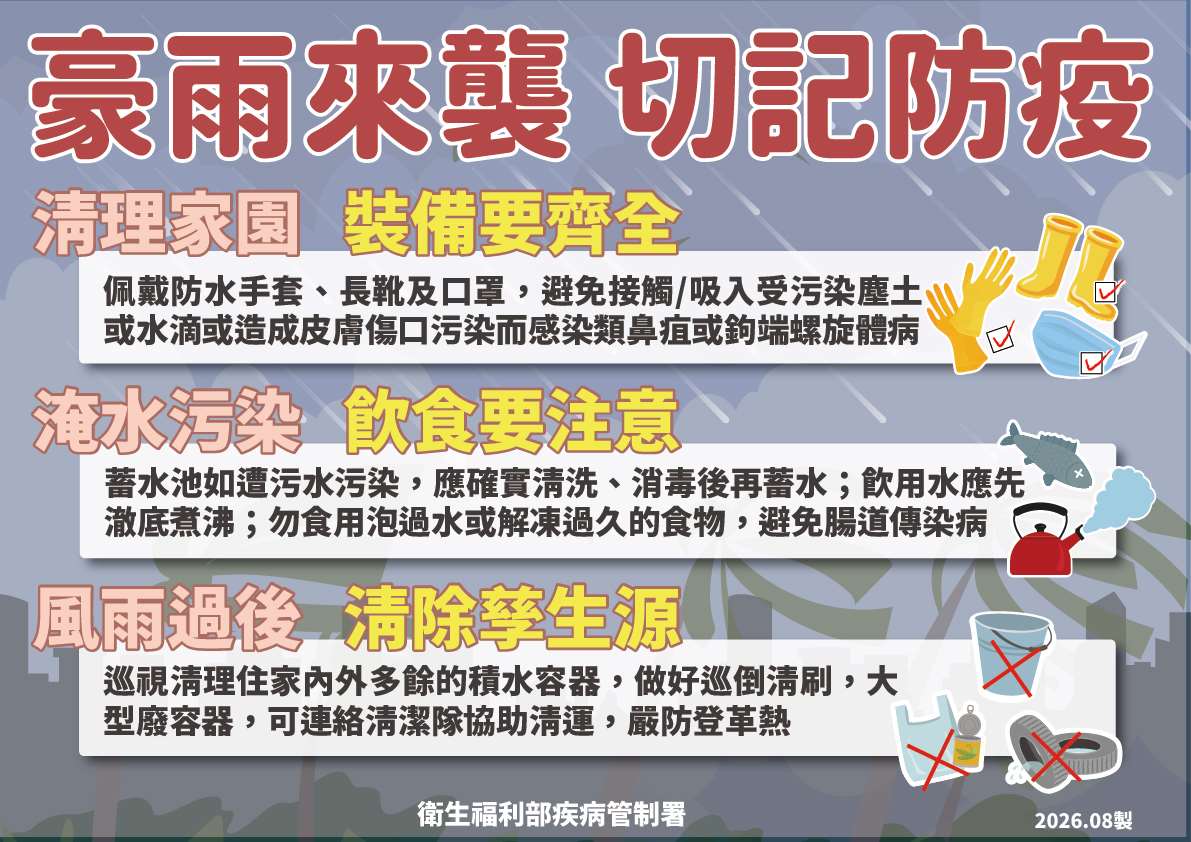 近日豪雨侵襲，疾管署24日呼籲民眾嚴防4傳染病。(疾管署提供)