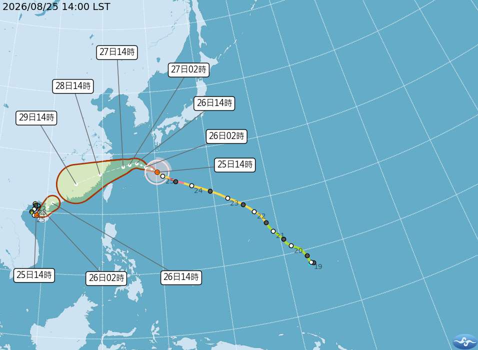 颱風沙德爾持續減弱且路徑北修，氣象署預估26日傍晚至晚間發布海警，27日晚間至28日最接近台灣。(圖：中央氣象署)