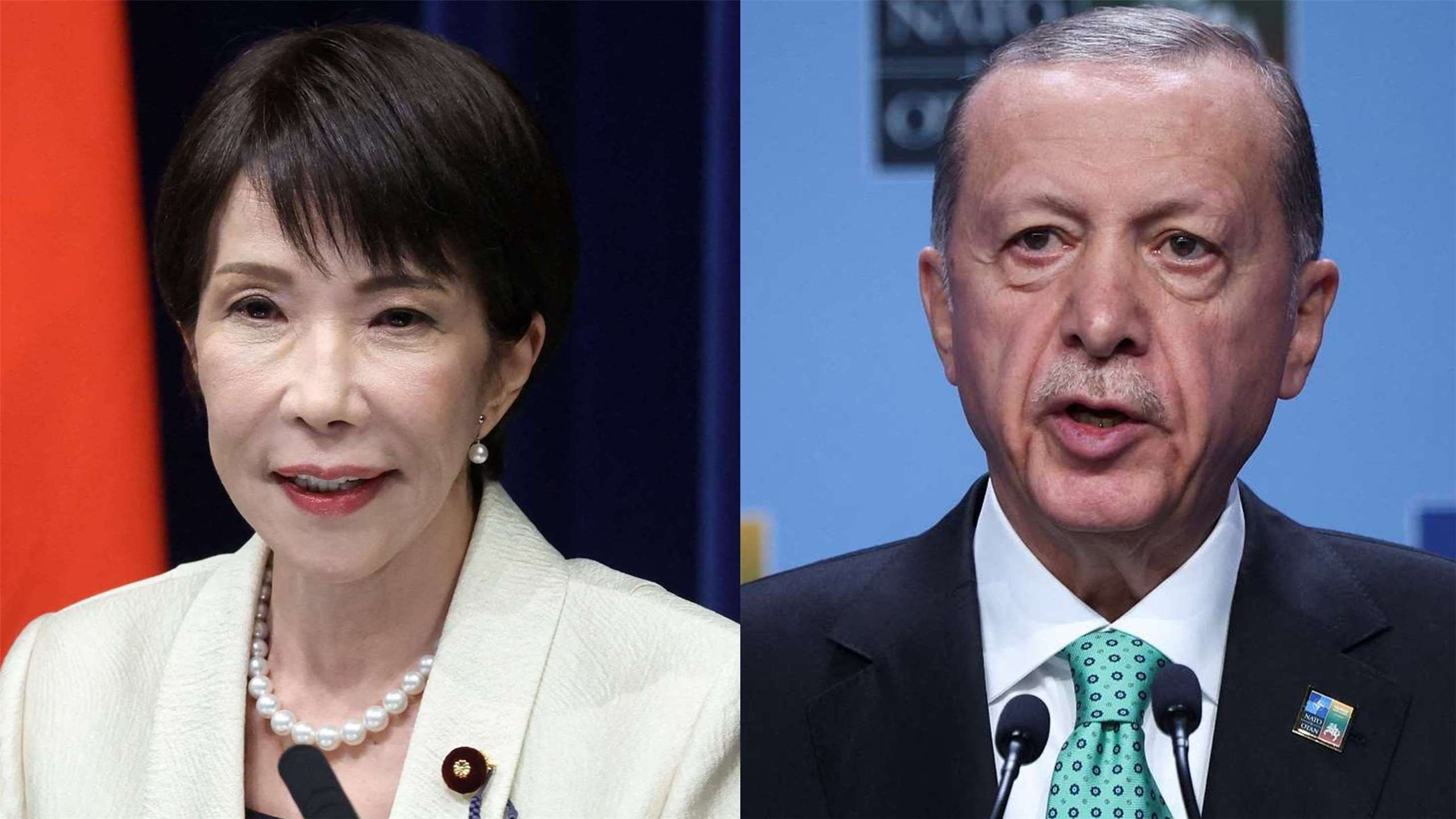 日本首相高市早苗(左)與土耳其總統艾爾段(Recep Tayyip Erdogan)(右)進行通話，雙方重申荷莫茲海峽航行自由。合成圖。