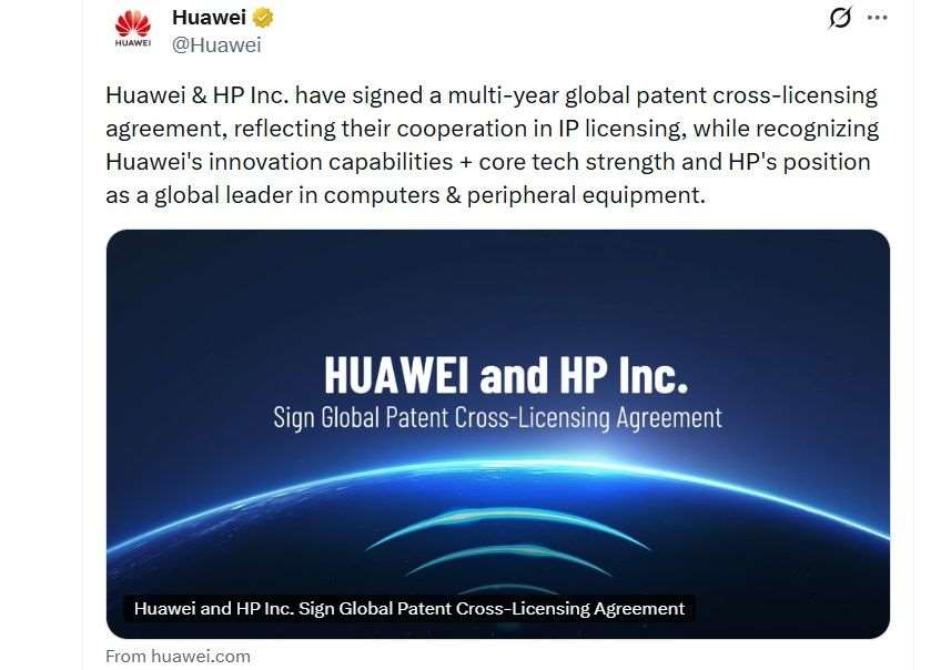 中國科技巨頭華為與美國電腦大廠惠普(HP)簽署一項多年期協議，授權惠普使用華為的關鍵連網技術。 (圖:翻拍自X@Huawei)