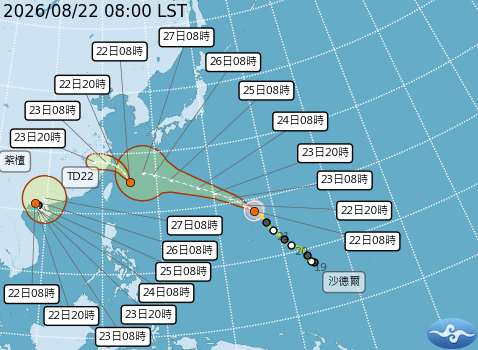 氣象署今天(22日)發布颱風生成，原在海南島西方海面熱帶性低氣壓，上午8時發展為輕颱，編號第19號紫檀(國際命名：NARRA)。(中央氣象署提供)
