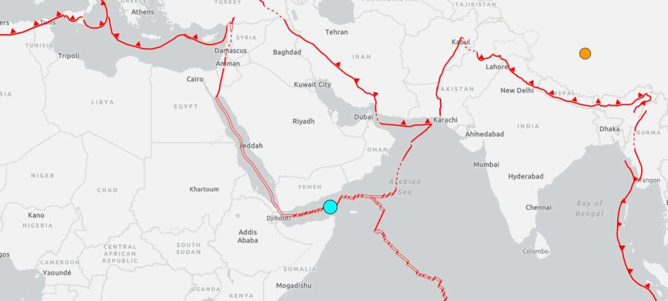 位於索馬利亞和葉門之間的亞丁灣(Gulf of Aden)，28日凌晨發生規模6.0級強震，震央距離索馬利海岸約145公里。(圖:美國地質調查所(USGS))