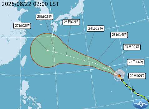 颱風沙德爾昨(21日)晚增強為中颱。圖為沙德爾路徑潛勢。(中央氣象署提供)