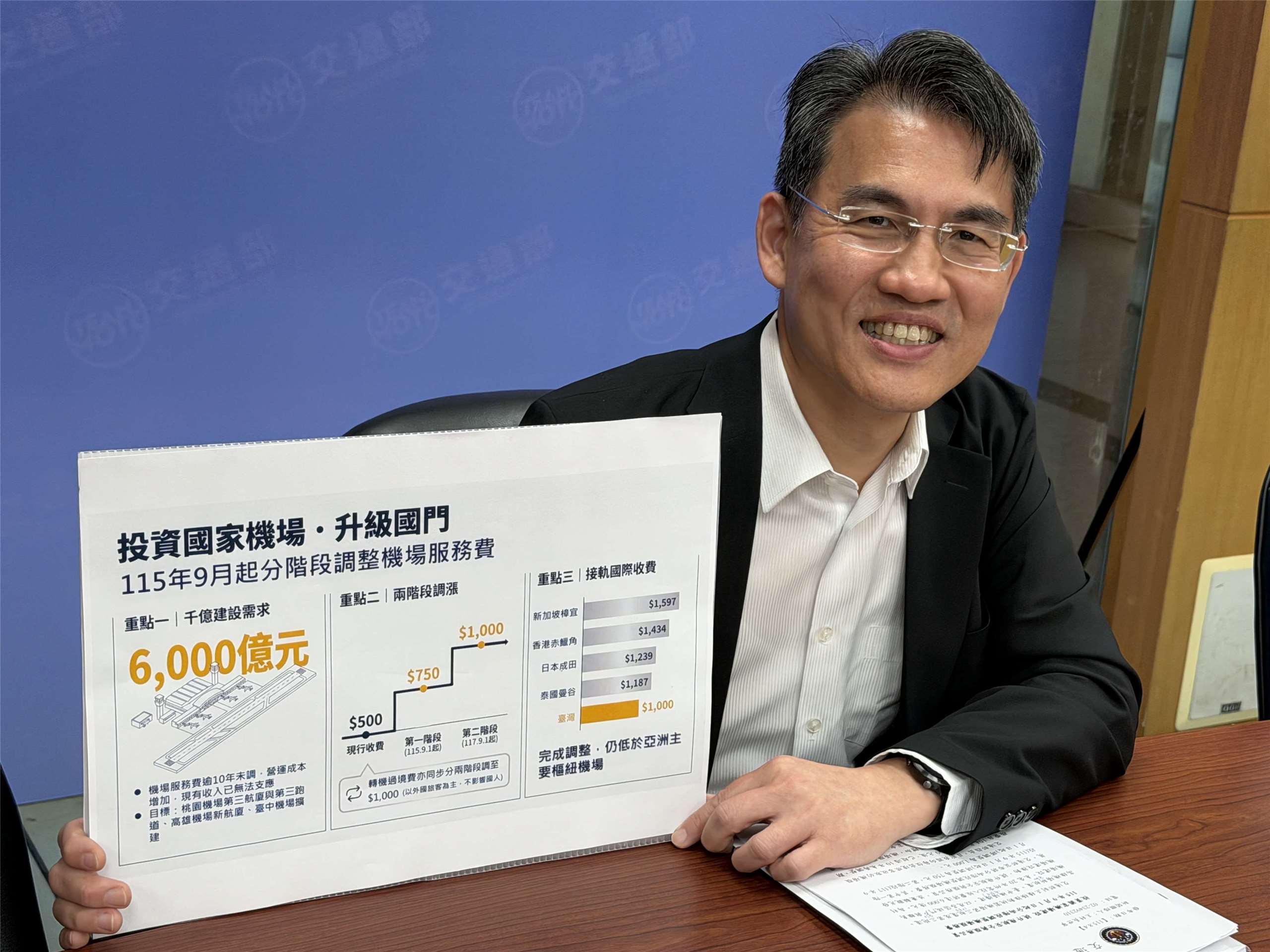 交通部航政司長韓振華4日說明我國機場服務費將自9/1起分兩年、兩階段調升。(吳琍君攝)