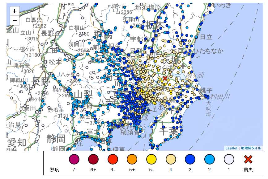 日本氣象廳表示，東京附近的茨城縣(Ibaraki)南部23日凌晨2點(台灣時間凌晨1點)發生地震，深度為68公里，沒有引發海嘯的擔憂。(翻攝日本氣象廳)
