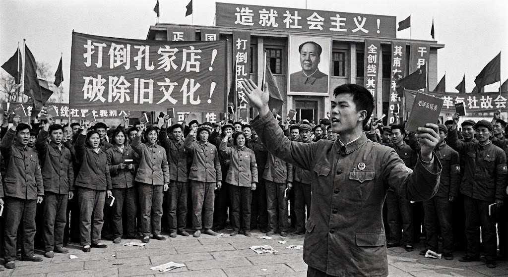 百年前新文化運動中激進的進步主義一脈，經過半個世紀的革命化、組織化、黨化歷程，在中共最高領袖的親自推動下，使一場文化運動，變成災難性的文化大革命。(AI示意圖)