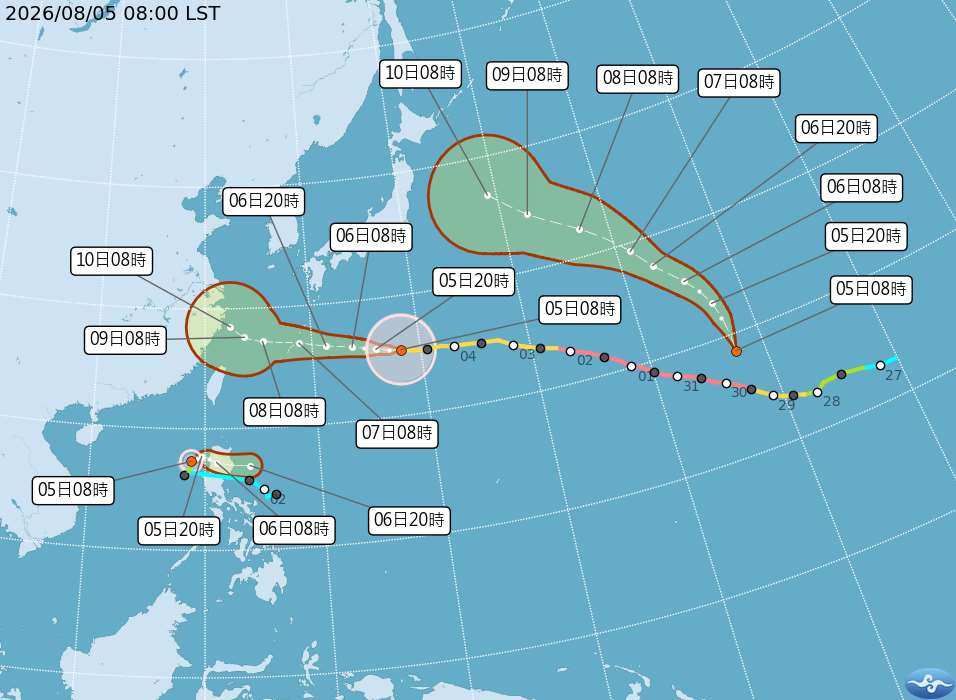 中颱「白海豚」5日上午8時中心位置約在台灣東方1680公里的海面上，逐漸往西前進。(圖：氣象署)
