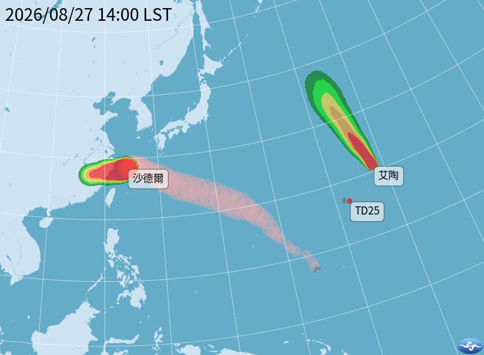 熱帶性低氣壓TD26，於27日下午2時發展為輕度颱風，編號第21號艾陶，將朝東北轉偏北方向移動，對台灣天氣無影響。(氣象署提供)