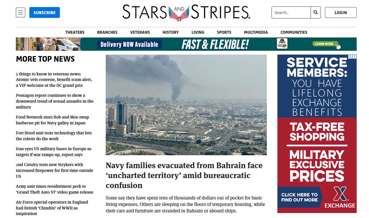 美國軍事媒體「星條旗報」(Stars and Stripes)電子版。(翻攝www.stripes.com)