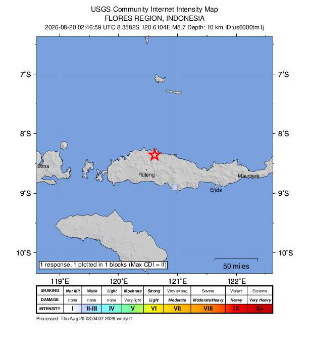 美國地質調查所(USGS)網站則顯示，印尼東部佛羅雷斯島(Flores Island)20日發生規模5.7地震。(圖:USGS)