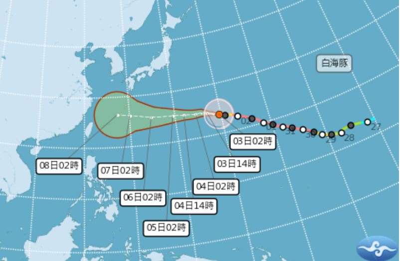 中央氣象署資訊，3日凌晨2時第13號颱風白海豚中心位置約在鵝鑾鼻東方2940公里之處，以每小時21公里速度，向西北西進行。(圖:交通部中央氣象署)