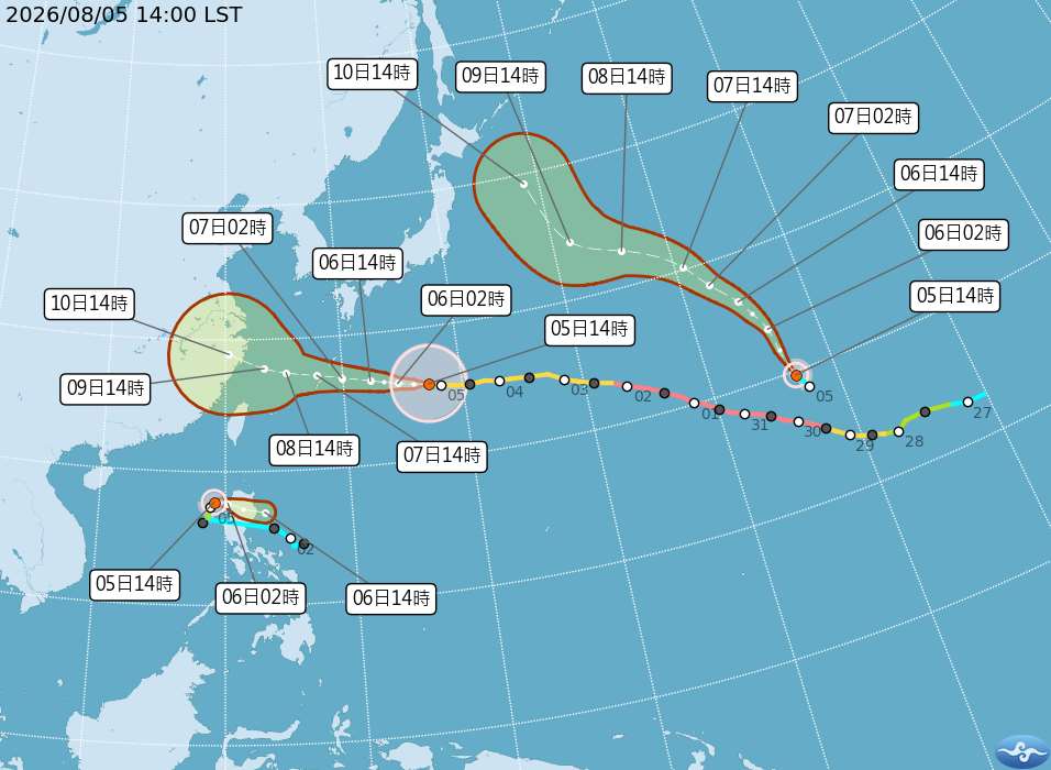根據今天(5日)下午中央氣象署最新颱風消息，海面上3颱鼎立，包含中颱白海豚及2個輕度颱風鯨魚、昌鴻；鯨魚未來24小時將登陸呂宋島後消散，水氣併入白海豚，昌鴻將往日本東方海面移動，未來仍有略為增強的空間；鯨魚、昌鴻皆對台無影響。(圖：氣象署)