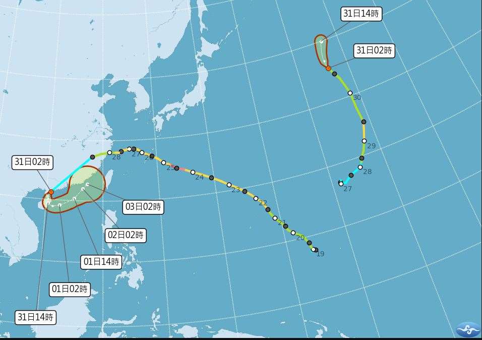 原已減弱為低氣壓的第18號沙德爾颱風，於31日凌晨2時再度增強為熱帶性低氣壓TD20，目前位於海南島附近，預估先朝南再轉東北方前進。(圖:交通部中央氣象署)