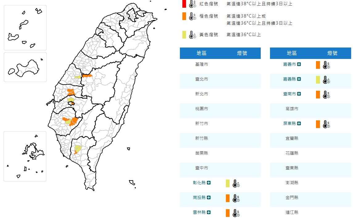 中央氣象署19日發布高溫資訊，中午前後南投縣、雲林縣、嘉義市、台南市、屏東縣為橙色燈號，有機會連續出現攝氏36度高溫。(圖:交通部中央氣象署)