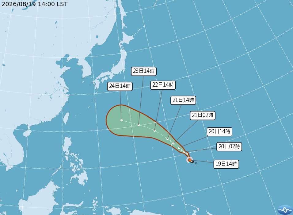 根據氣象署颱風消息，沙德爾19日下午2時中心位置在北緯8.2度，東經153.8度，以每小時32公里速度，向北進行。(圖：中央氣象署)