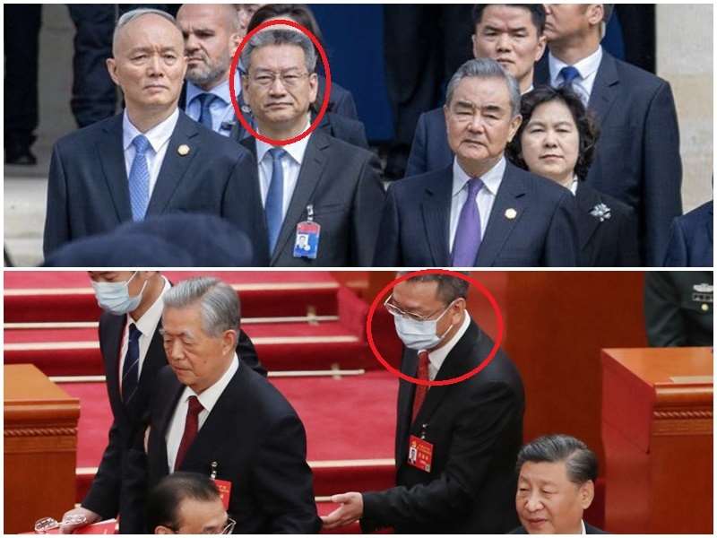 中共中央辦公廳副主任兼秘書局長孔紹遜預料將升任甘肅省長。上圖：孔紹遜2024年5月隨習近平訪歐；下圖：孔紹遜在中共20大上將胡錦濤請出會場。(蔡慎坤X平台、AFP合成圖)