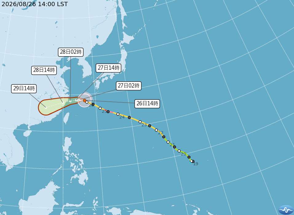 颱風沙德爾26日下午2時中心位置距離台北東北方約630公里之處。(圖：氣象署)
