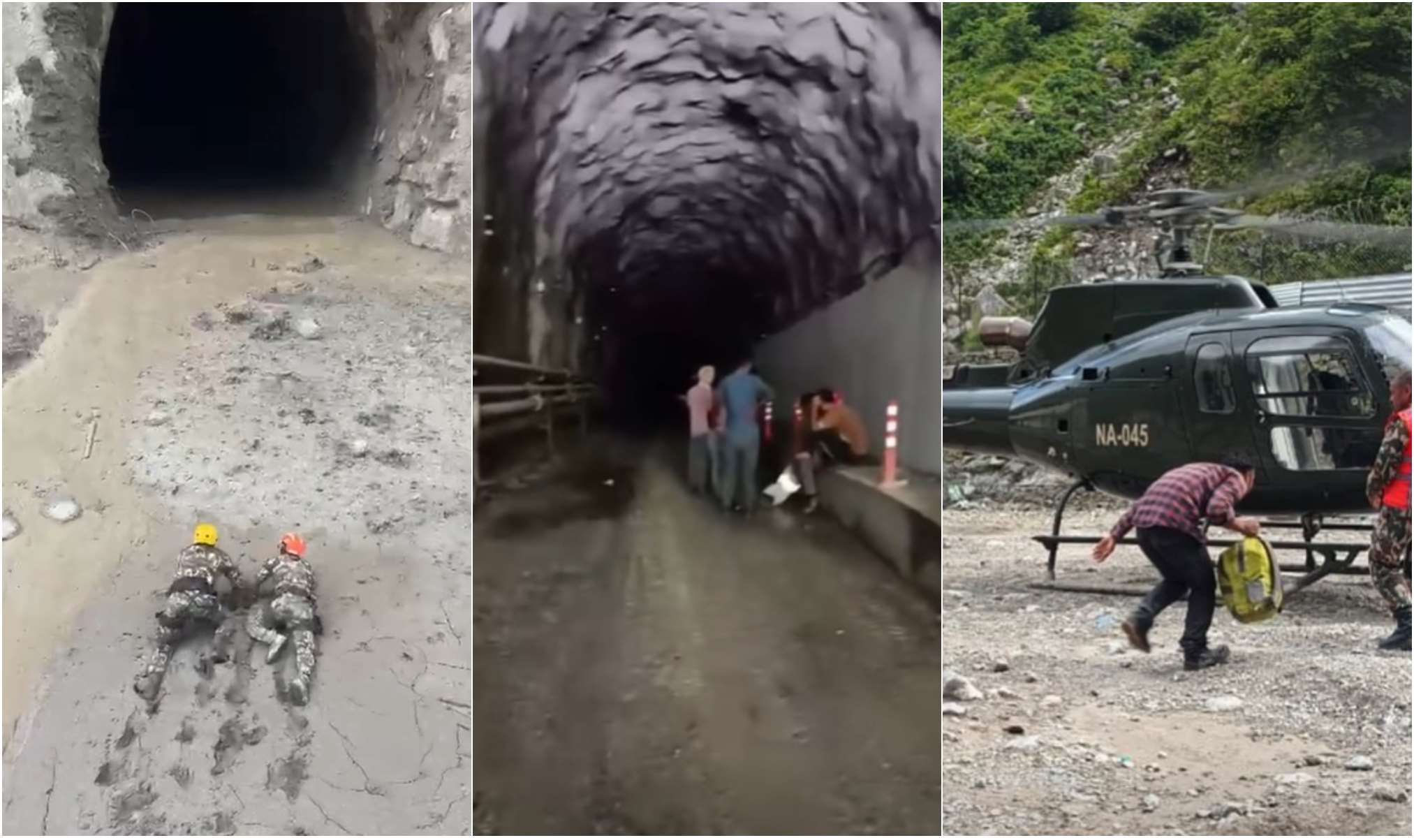 尼泊爾救援團隊以爬行方式進入一處水力發電工程隧道，救出350名工人與當地居民。(FB/@OPMCMNP)